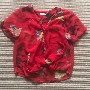 Sheer Floral Front Tie Blouse